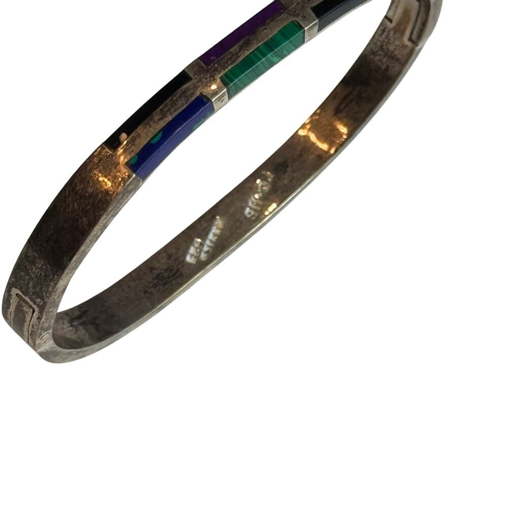 Vintage Mexico 925 Sterling Silver Multi Stone Inlay Hinged Bangle Bracelet - Picture 7 of 10